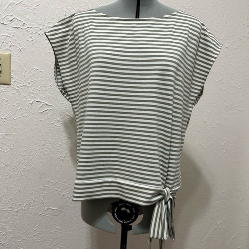 Cremieux Womens Large Olive Green White Striped Side‎ Tie Boat Neck Top RN58909 - Picture 3 of 7
